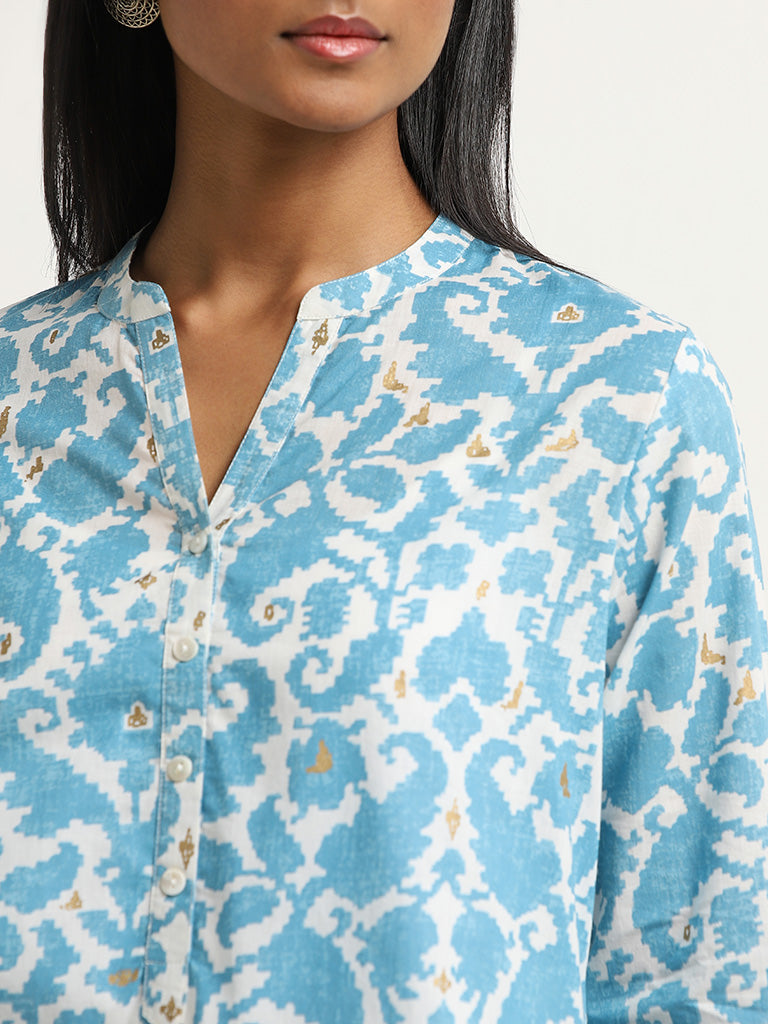 Utsa Blue Ikat Printed Straight Cotton Kurta