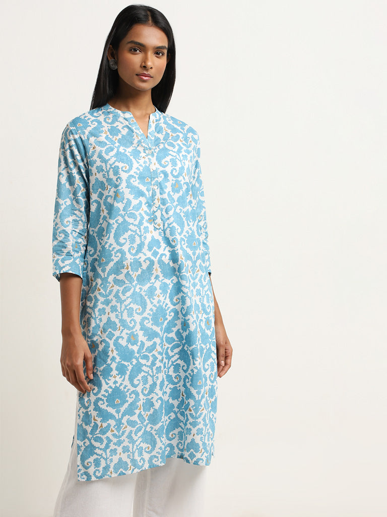 Utsa Blue Ikat Printed Straight Cotton Kurta