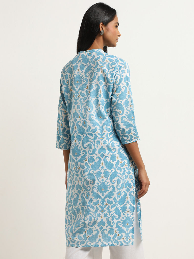 Utsa Blue Ikat Printed Straight Cotton Kurta