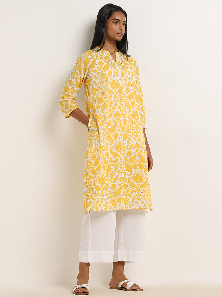 Utsa Yellow Straight-Fit Floral Print Cotton Kurta