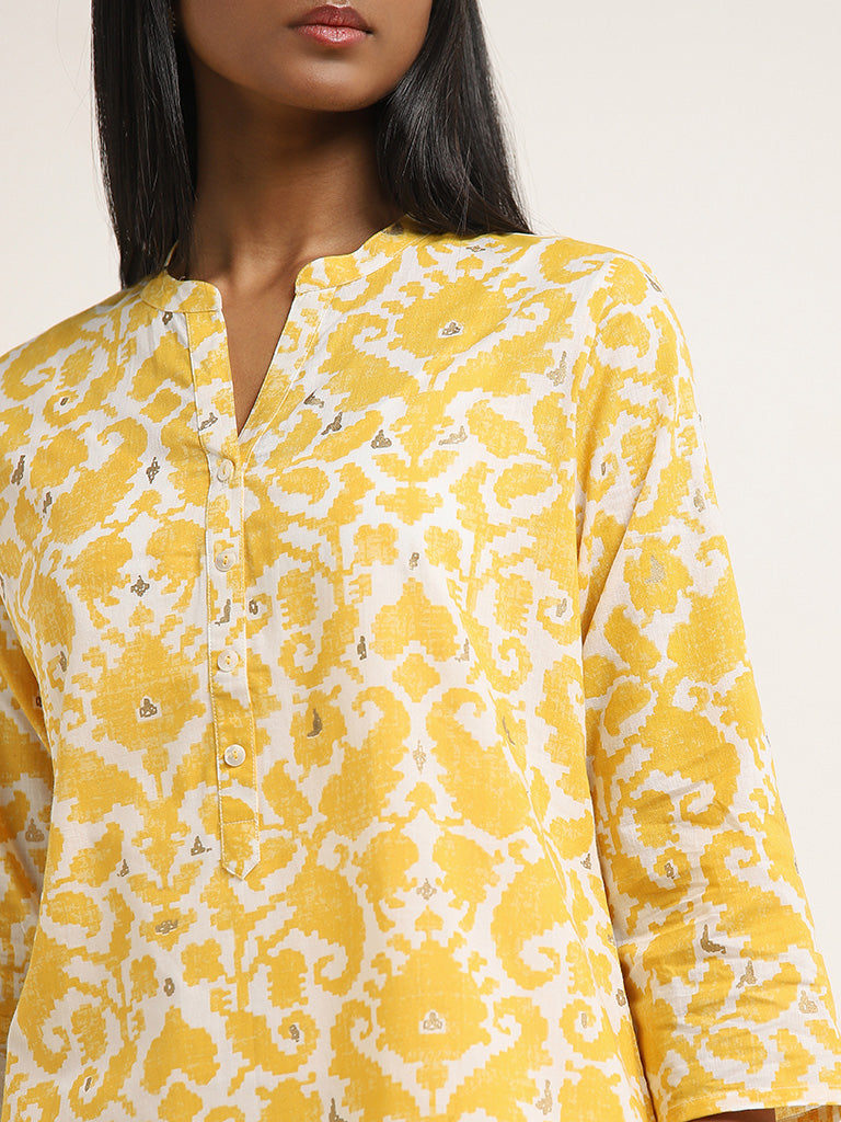 Utsa Yellow Straight-Fit Floral Print Cotton Kurta