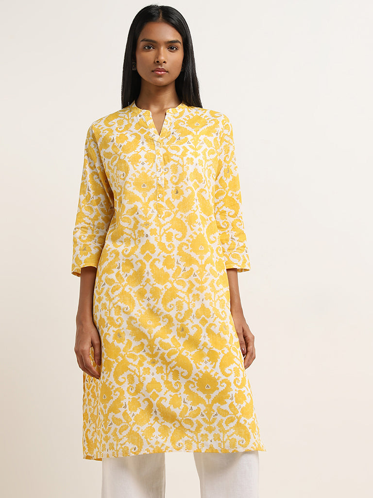 Utsa Yellow Straight-Fit Floral Print Cotton Kurta