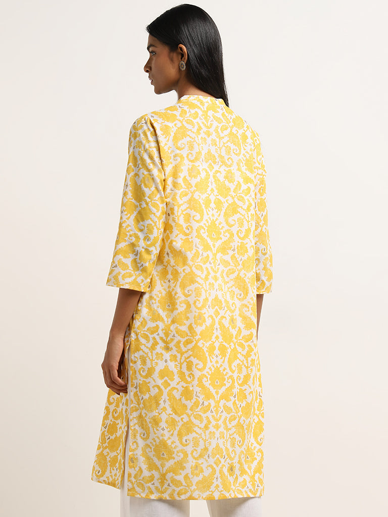 Utsa Yellow Straight-Fit Floral Print Cotton Kurta