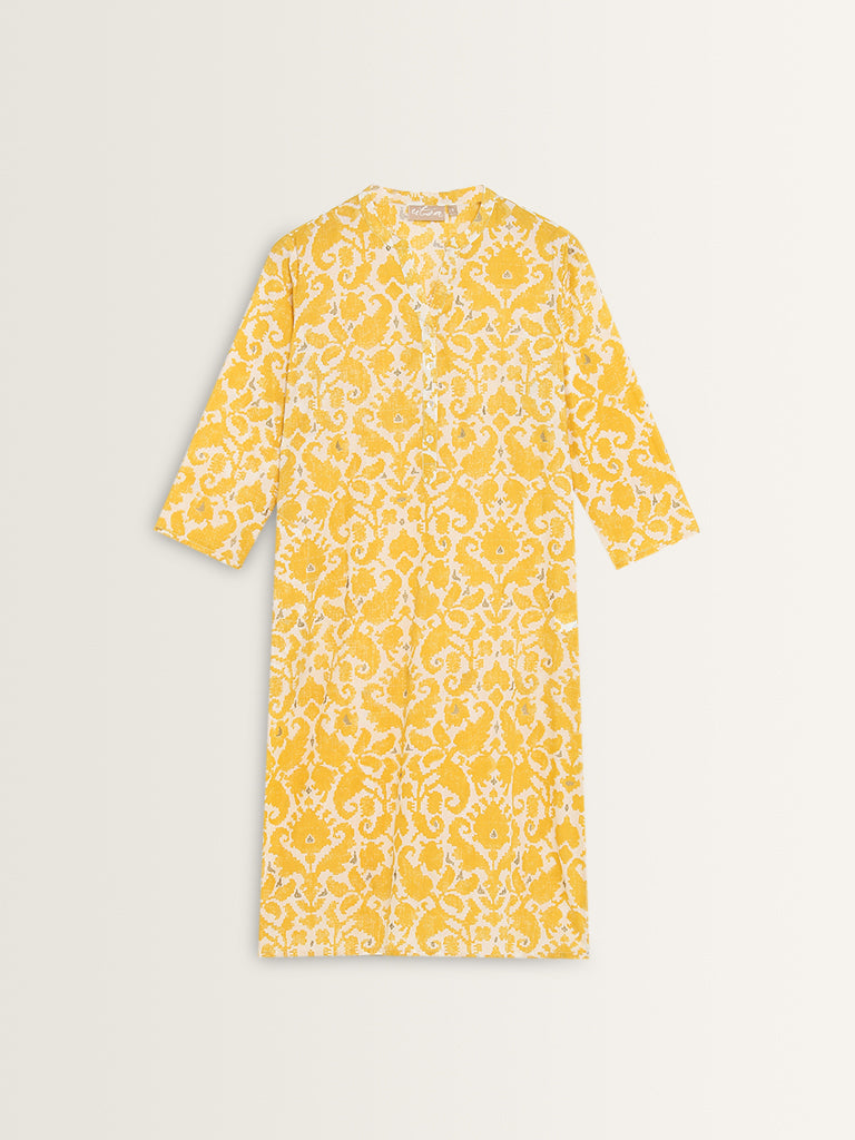 Utsa Yellow Straight-Fit Floral Print Cotton Kurta