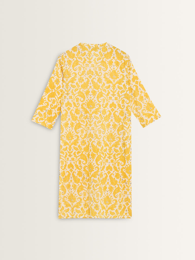 Utsa Yellow Straight-Fit Floral Print Cotton Kurta