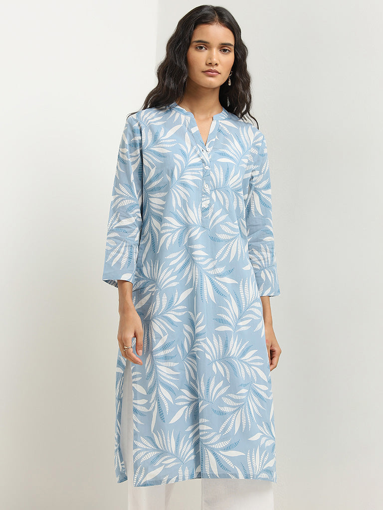 Utsa Blue Leaf Patterned Straight Kurta