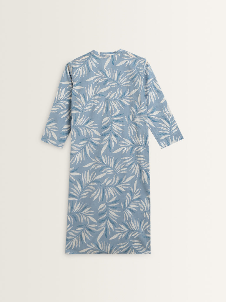 Utsa Blue Leaf Patterned Straight Kurta