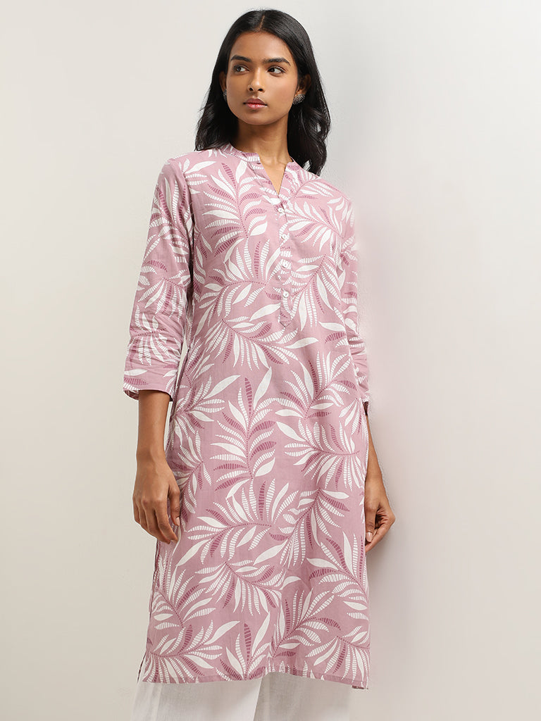 Utsa Lilac Leaf Patterned Straight Kurta