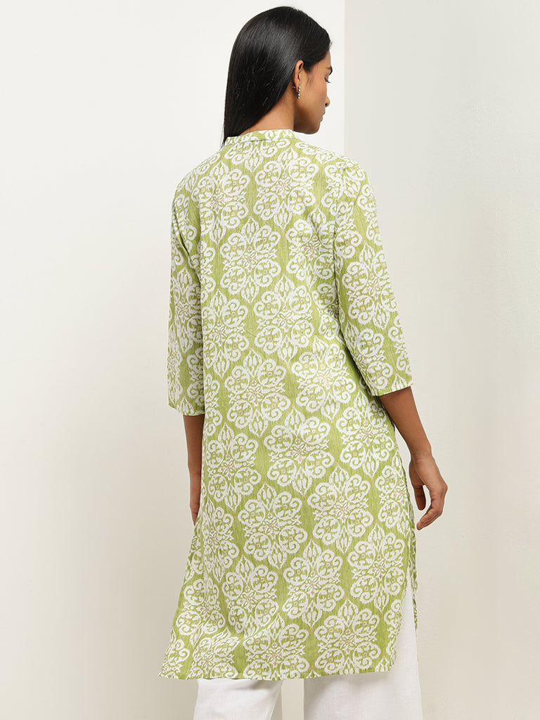 Utsa Green Ikat Printed Straight Cotton Kurta