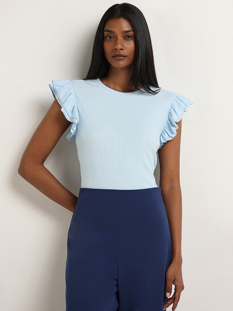 Wardrobe Blue Cotton Blend Ribbed Top