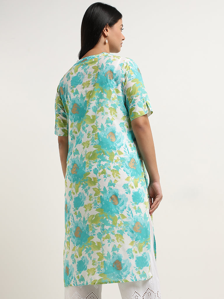 Diza Aqua Floral Printed Straight Cotton Kurta