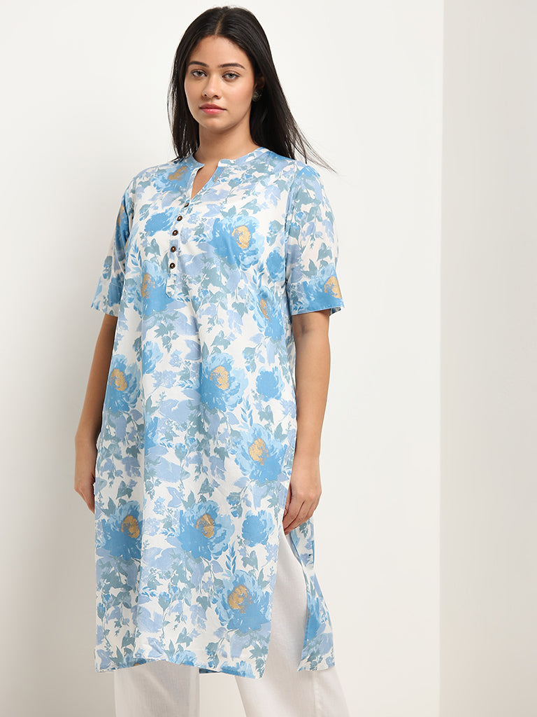 Diza Blue Floral Printed Straight Cotton Kurta