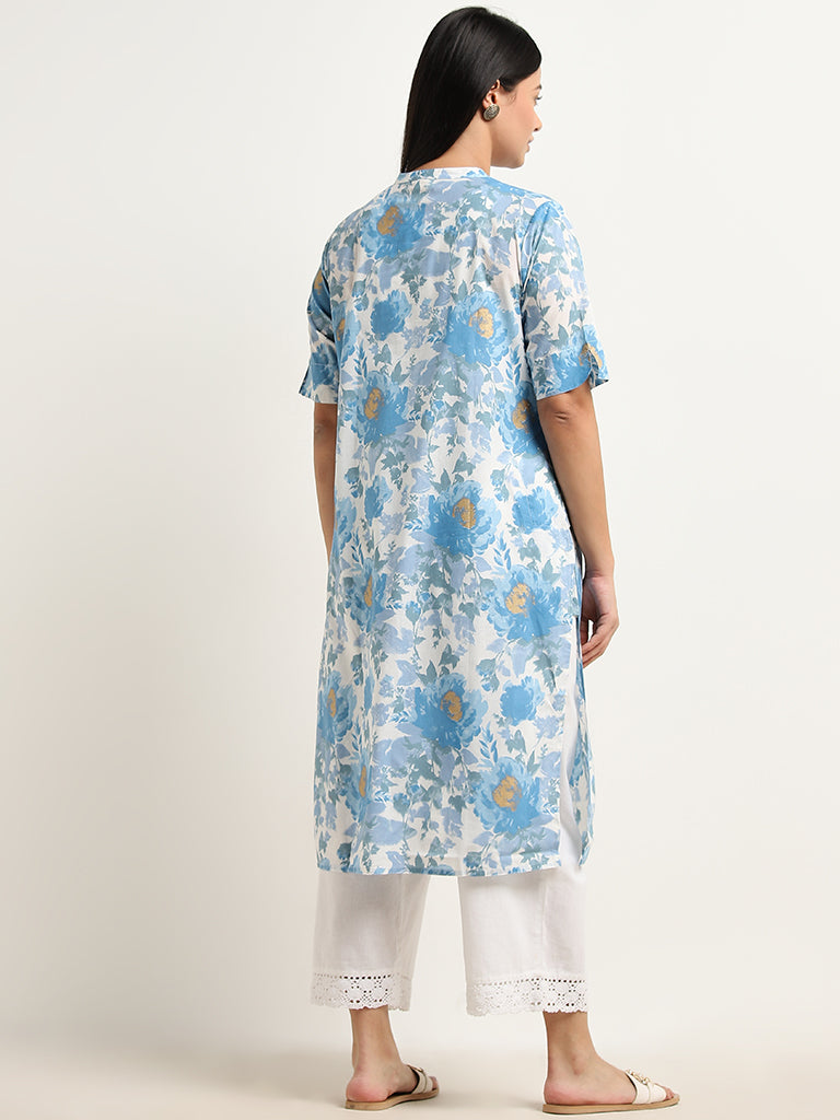 Diza Blue Floral Printed Straight Cotton Kurta