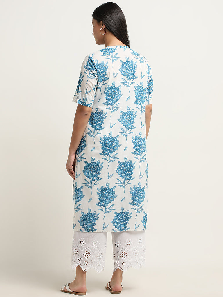 Diza Blue Floral Design Straight Cotton Kurta