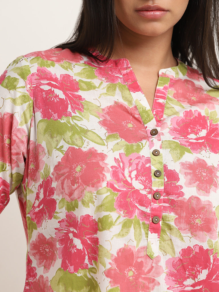 Diza Pink Floral Printed Straight Cotton Kurta