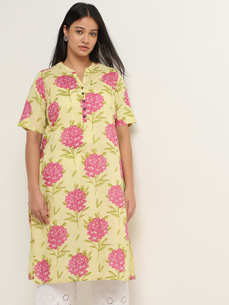 Diza Yellow Floral Printed Straight Cotton Kurta