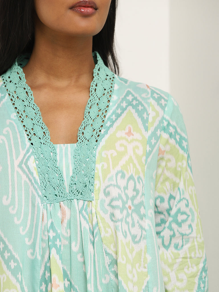 Utsa Turquoise Ikat Design A-Line Cotton Kurta