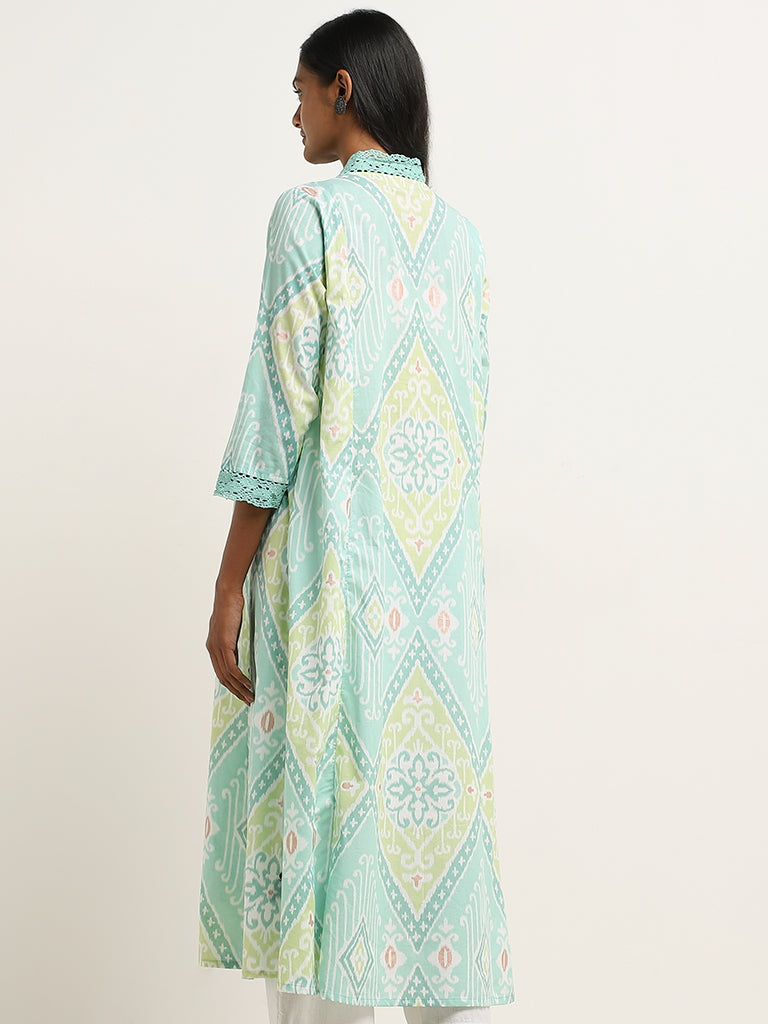 Utsa Turquoise Ikat Design A-Line Cotton Kurta