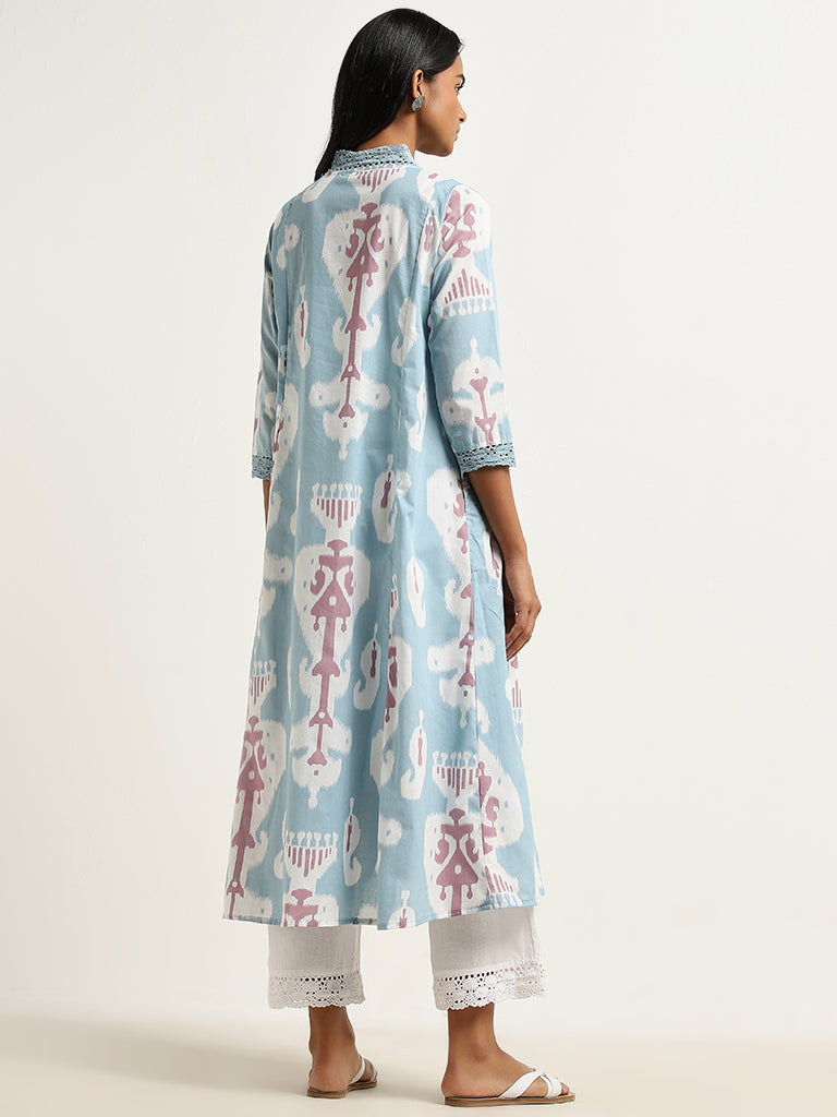 Utsa Blue Ikat Patterned A-Line Cotton Kurta