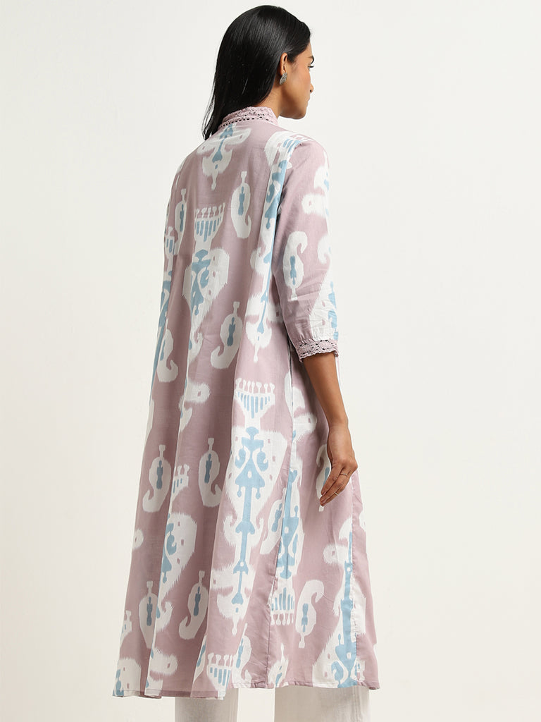 Utsa Lilac Ikat Printed A-Line Cotton Kurta