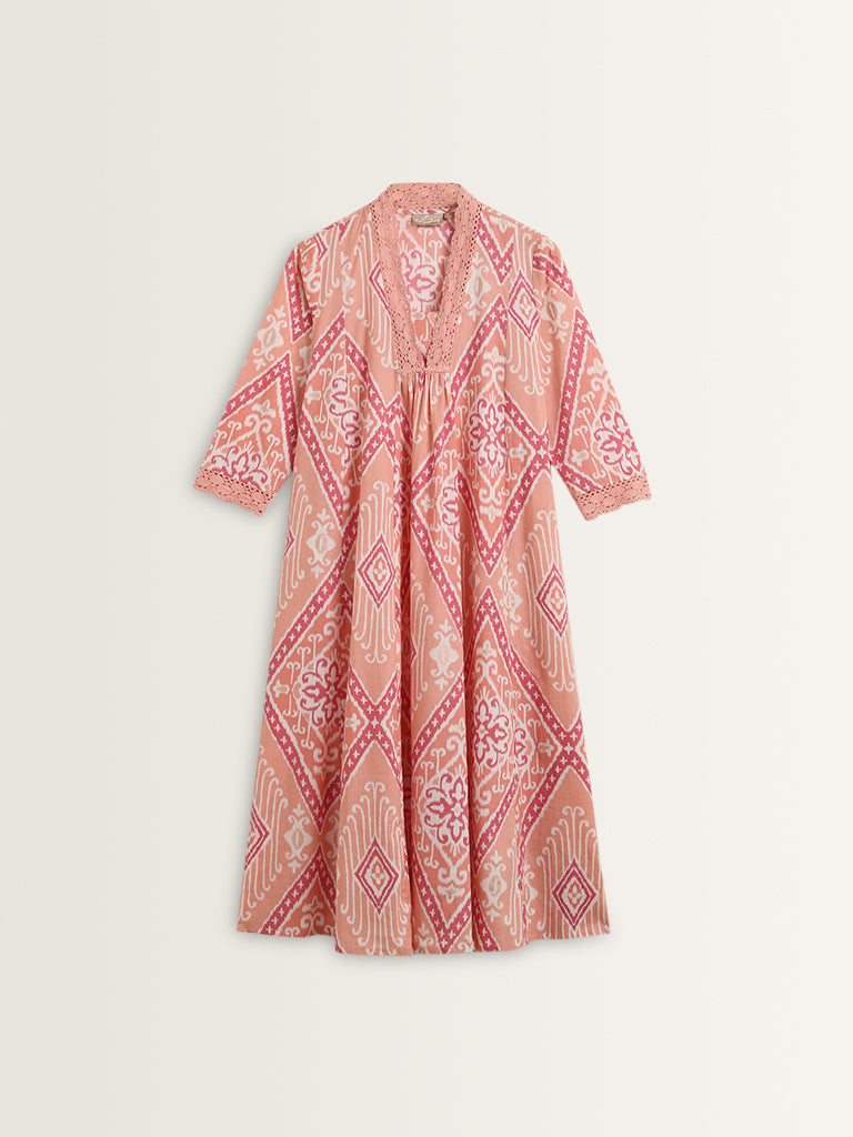 Utsa Peach Ikat Printed A-Line Kurta