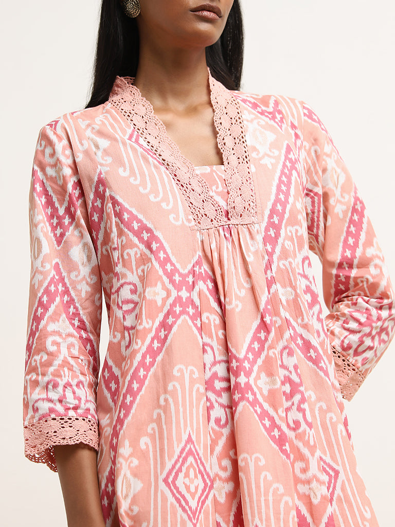 Utsa Peach Ikat Printed A-Line Kurta