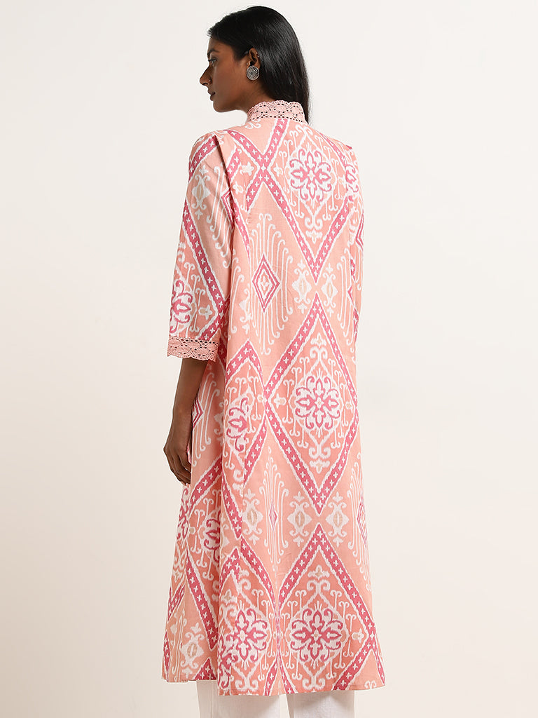 Utsa Peach Ikat Printed A-Line Kurta