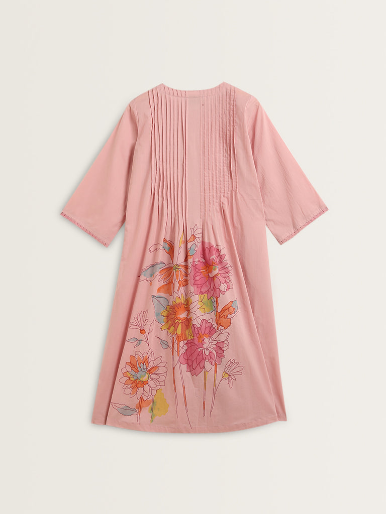 Utsa Pink Floral Design Cotton A-Line Kurta
