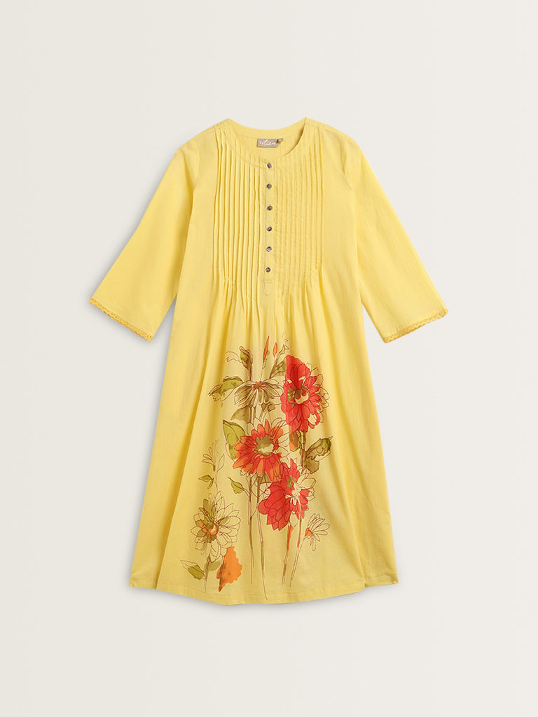 Utsa Yellow Floral Design Cotton A-Line Kurta