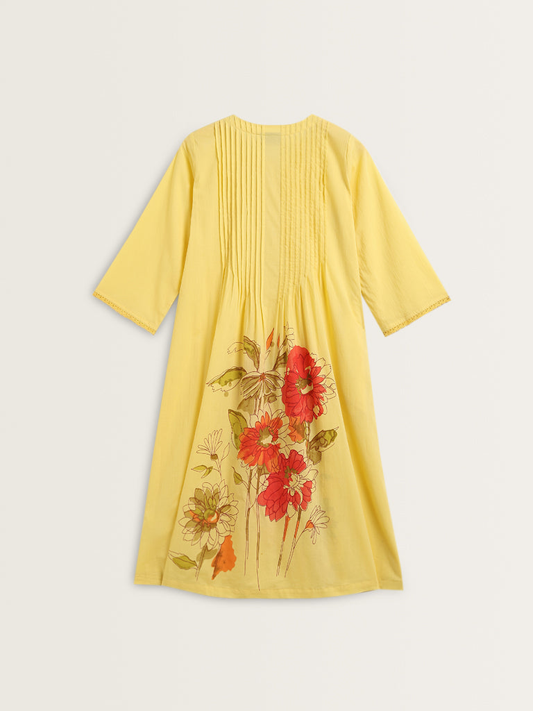 Utsa Yellow Floral Design Cotton A-Line Kurta