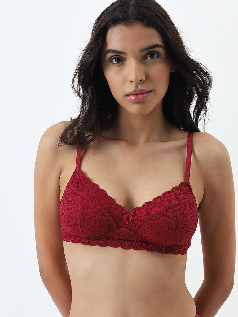 Wunderlove Maroon Lace Design Soft Bra