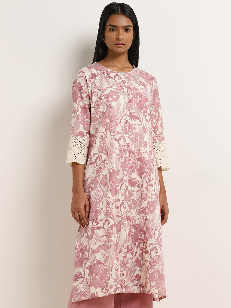 Utsa Purple Ikat Printed A-Line Cotton Blend Kurta