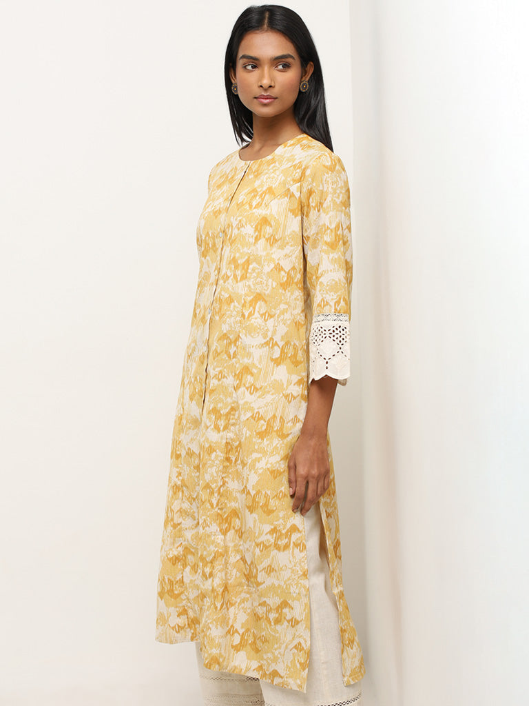 Utsa Mustard Ikat Design A-Line Cotton Blend Kurta