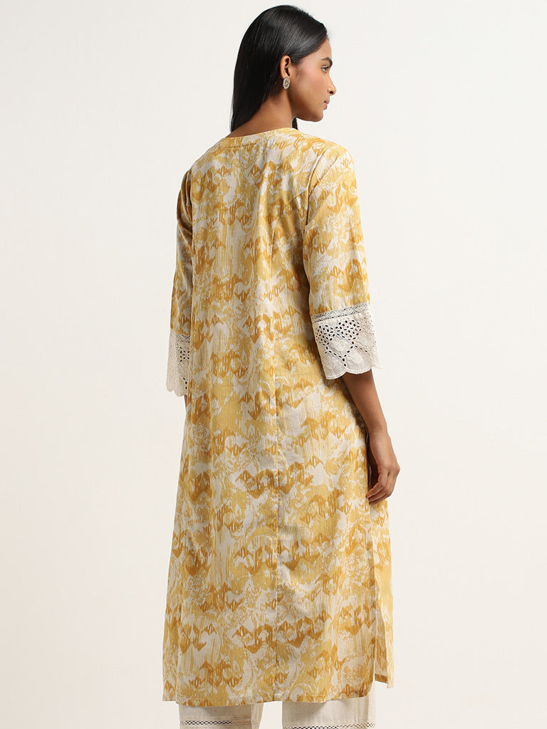 Utsa Mustard Ikat Design A-Line Cotton Blend Kurta