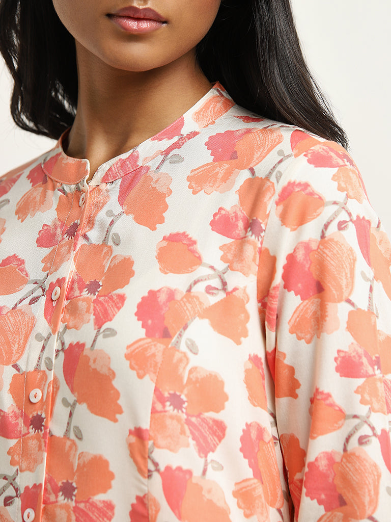 Utsa Orange Floral Printed A-Line Kurta