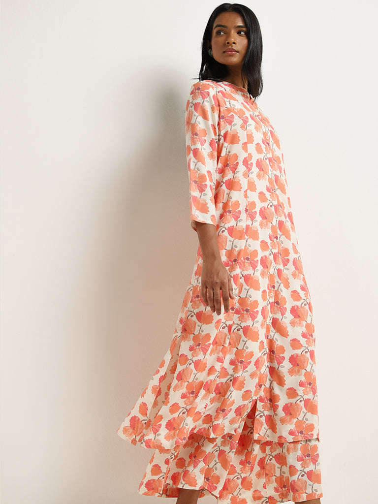 Utsa Orange Floral Printed A-Line Kurta