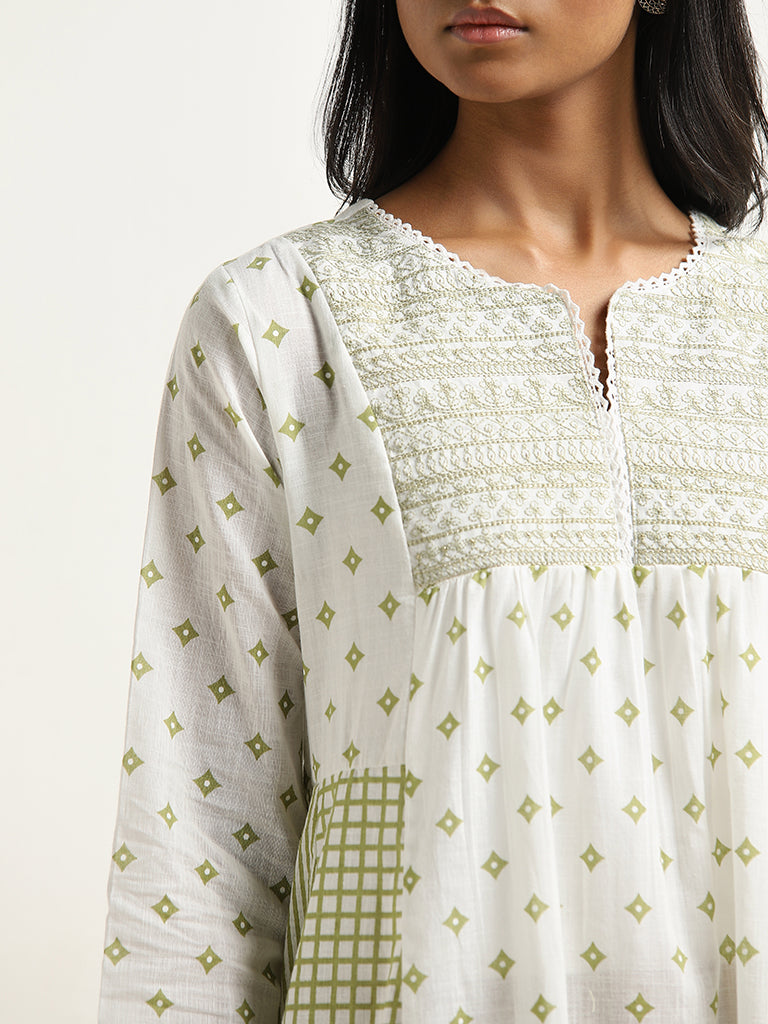 Utsa Green Printed A-Line Cotton Kurta