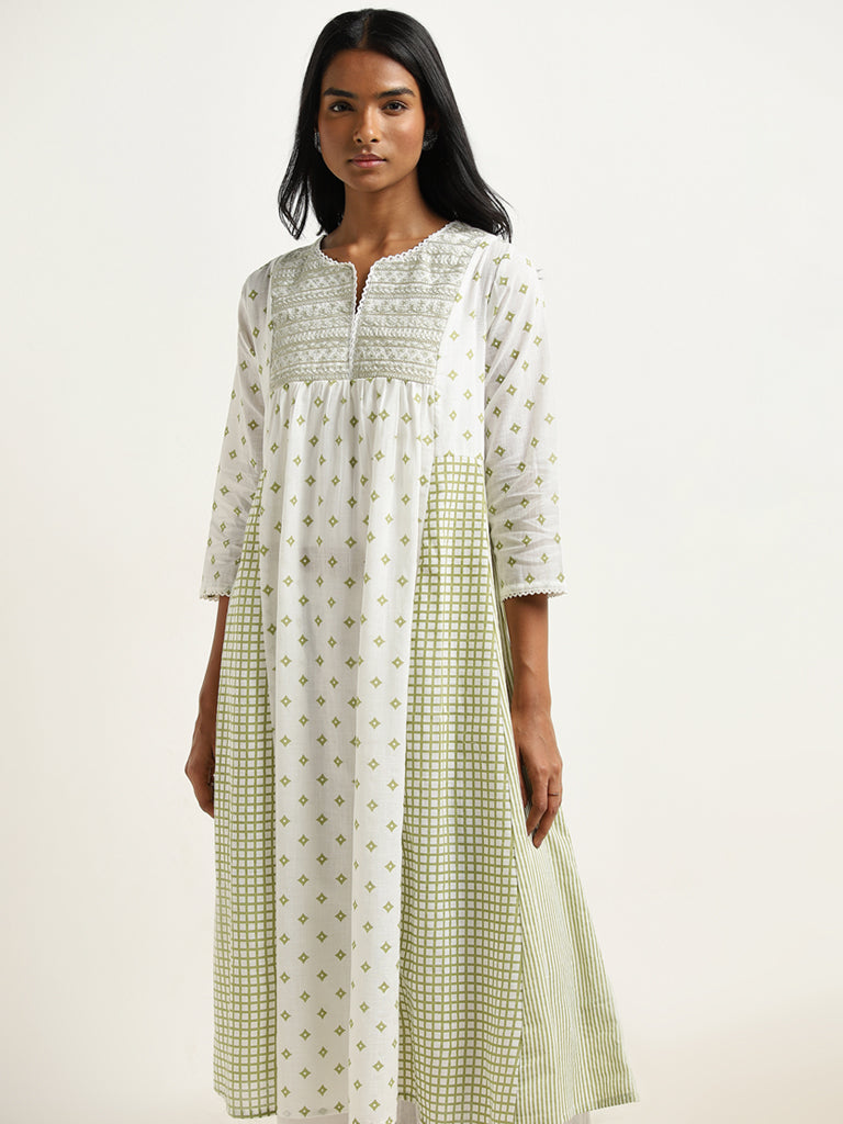 Utsa Green Printed A-Line Cotton Kurta