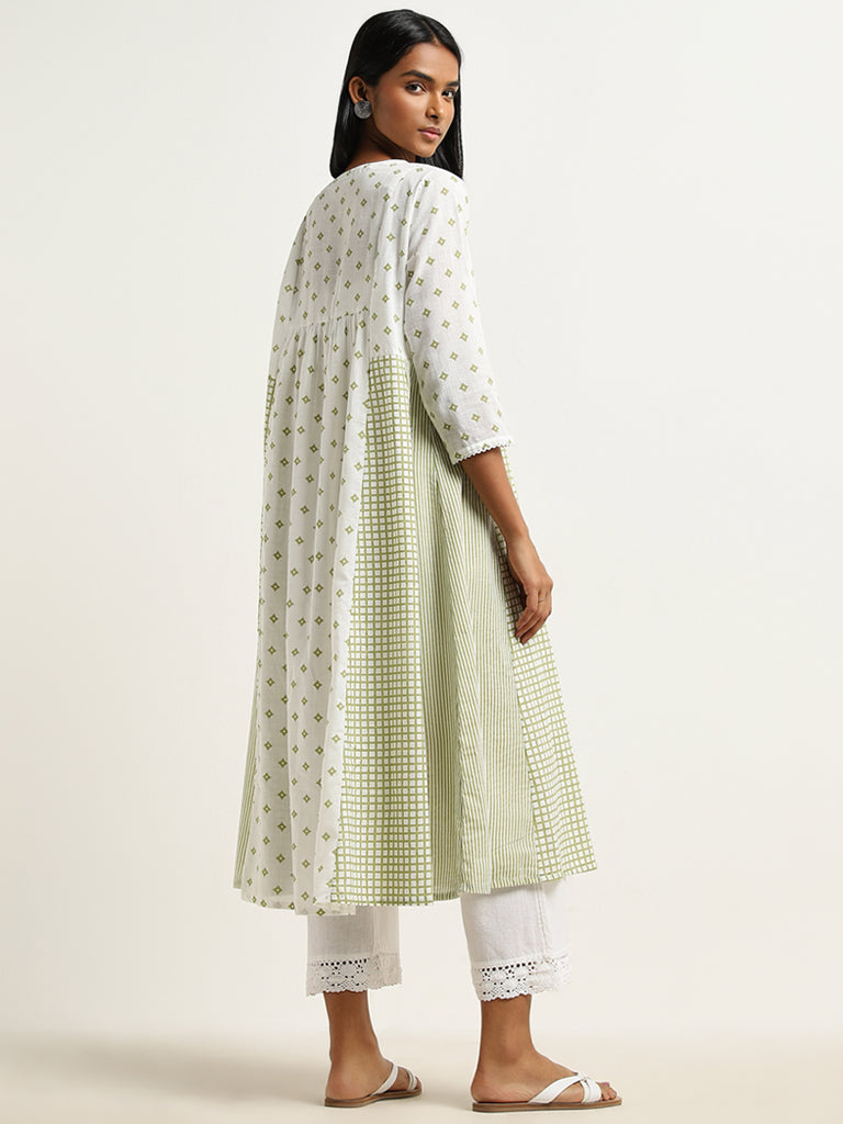 Utsa Green Printed A-Line Cotton Kurta