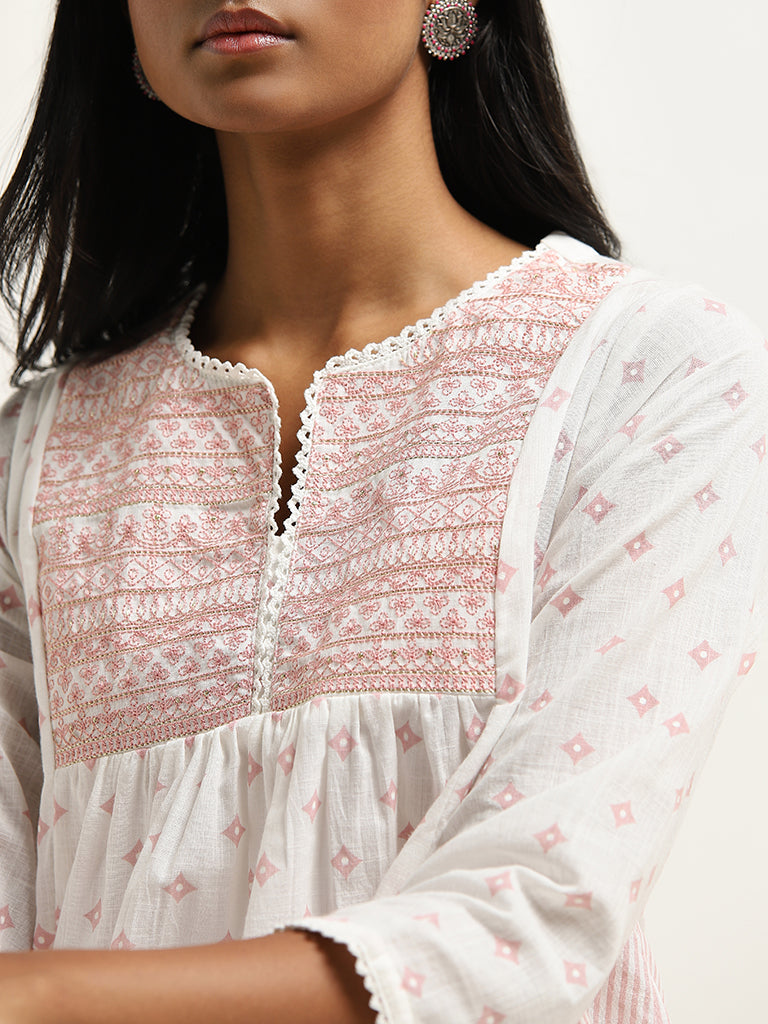 Utsa Light Pink Printed A-Line Cotton Kurta