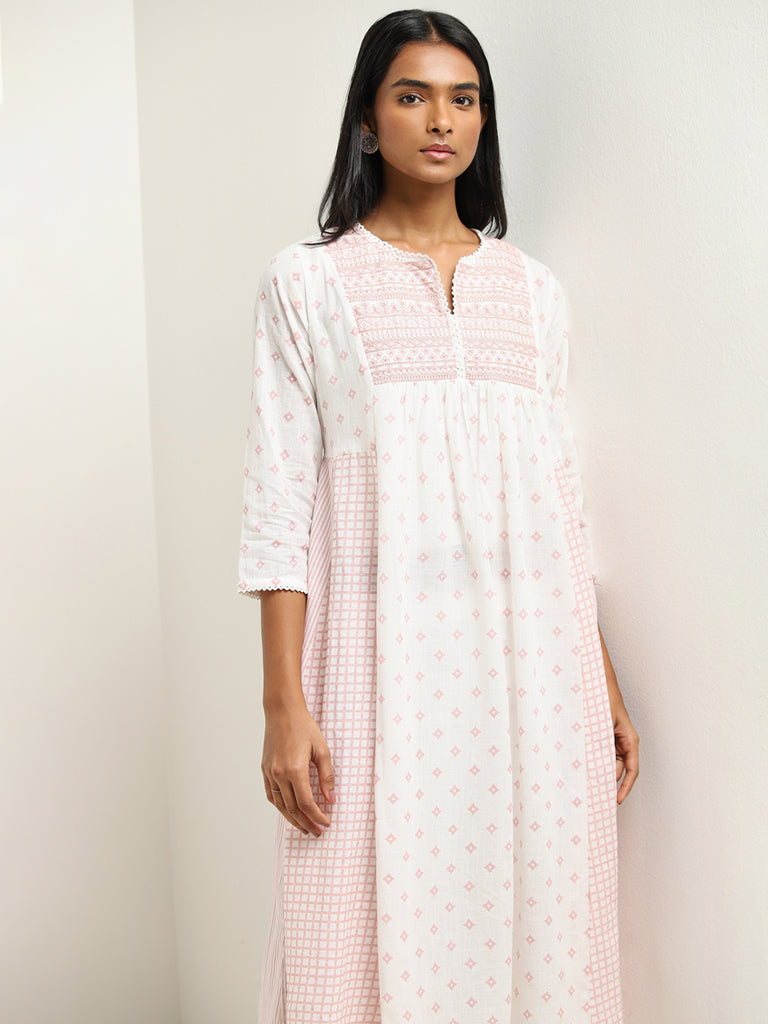 Utsa Light Pink Printed A-Line Cotton Kurta