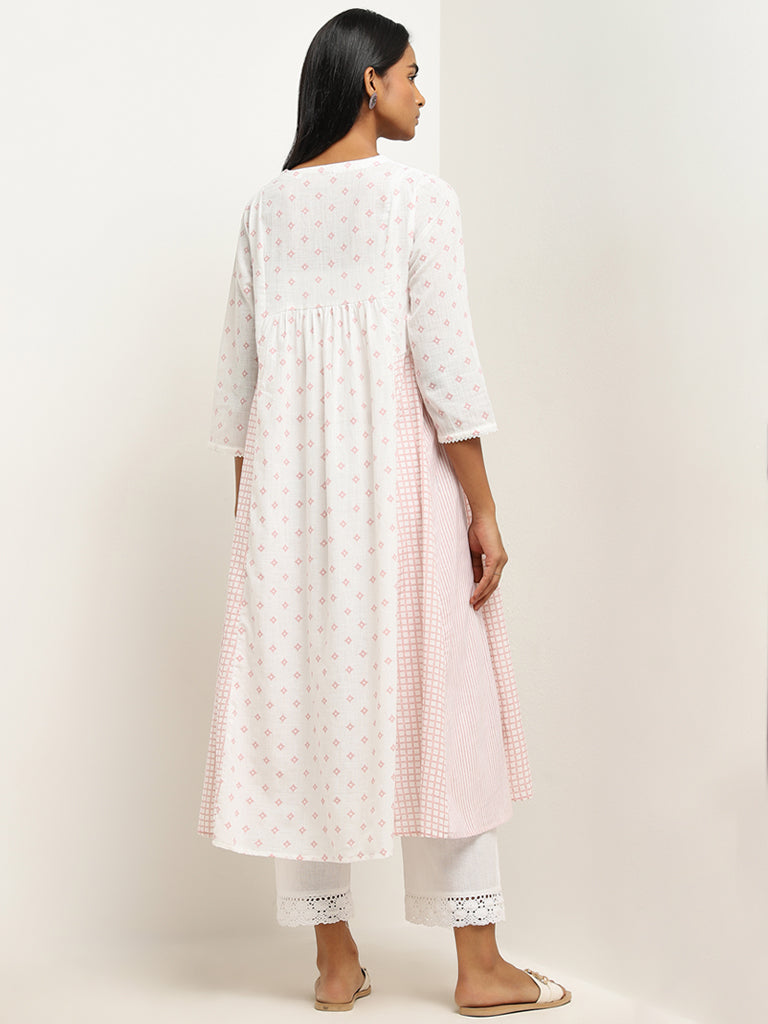 Utsa Light Pink Printed A-Line Cotton Kurta