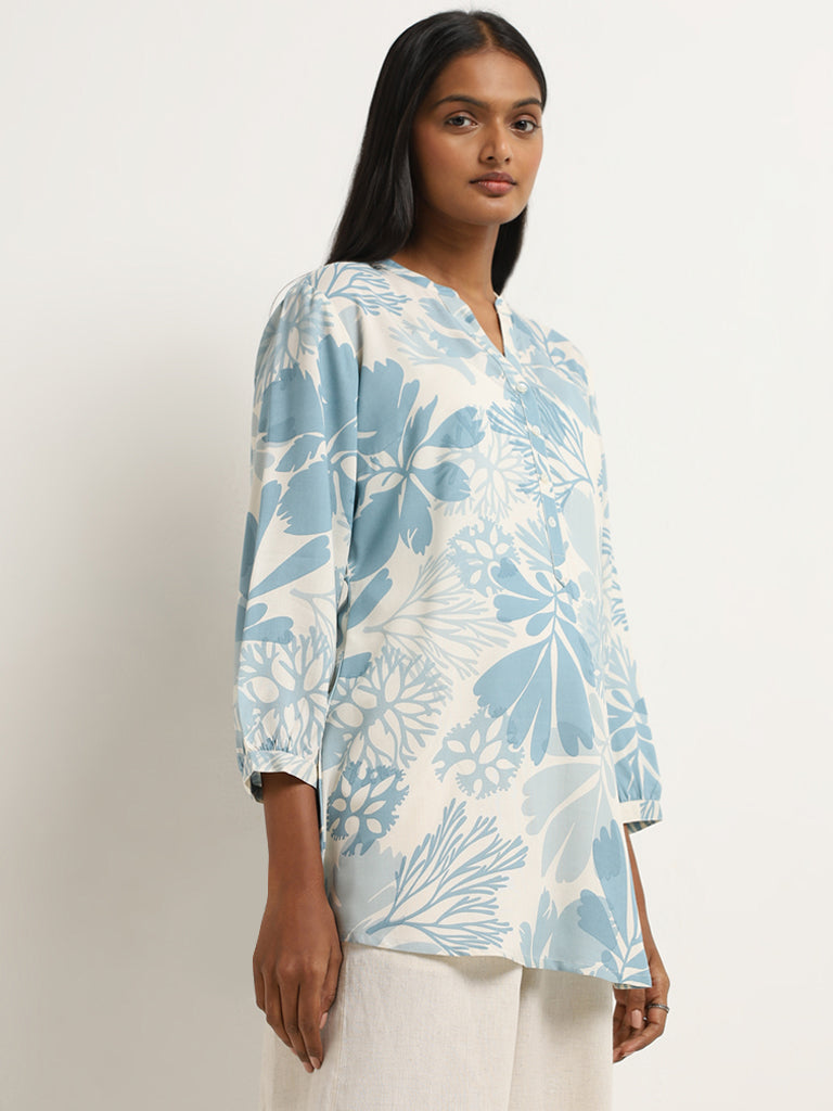 Utsa Blue Foliage Printed Straight Kurti