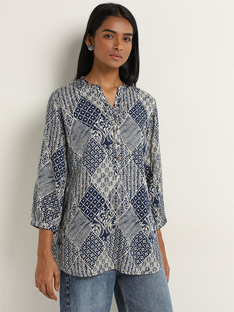 Buy Utsa Indigo Diamond-Block Printed Straight Kurti from Westside