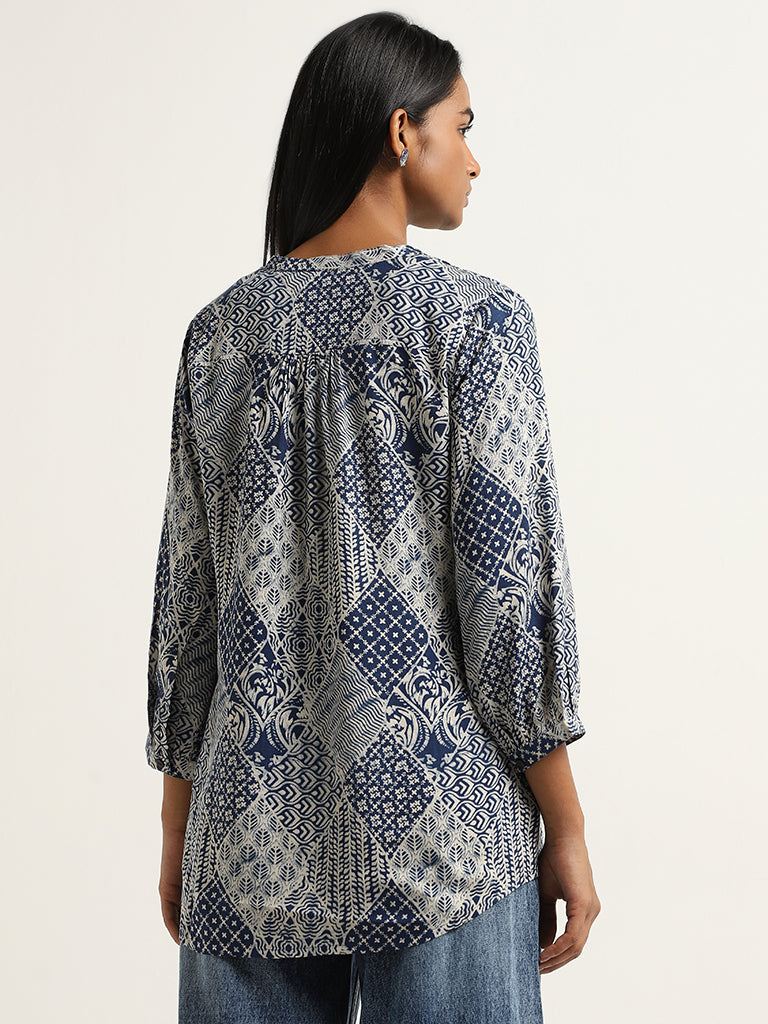 Utsa Indigo Diamond-Block Printed Straight Kurti