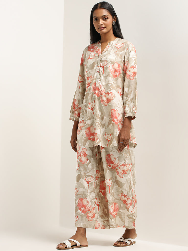 Utsa Taupe Floral Pattern Mid-Rise Palazzos