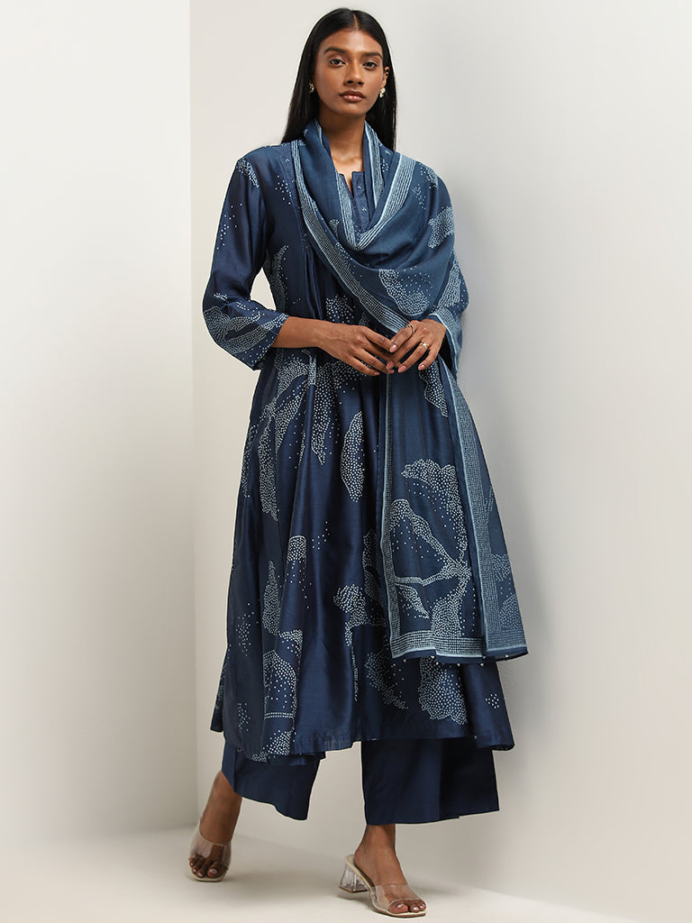 Zuba Indigo Flower Design Dupatta