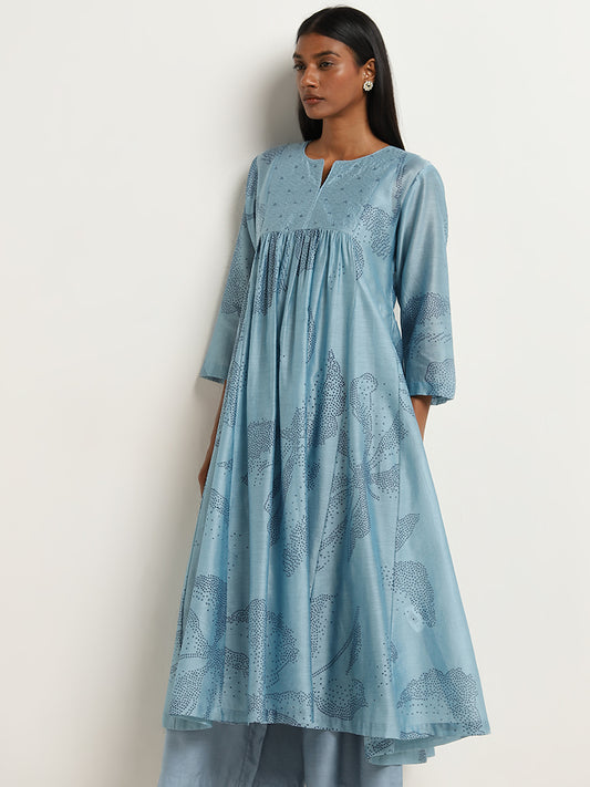 Zuba Dusty Blue Flower Fit-and-Flare Kurta with Camisole