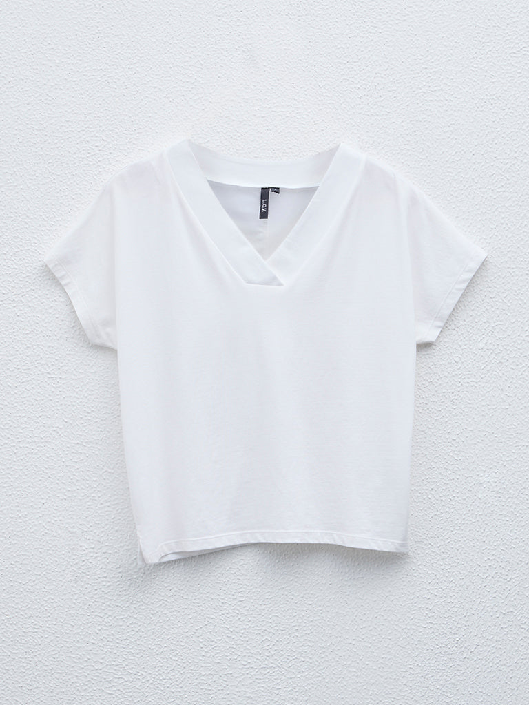 LOV Solid White V-Neck Cotton Blend T-Shirt