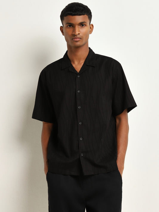 ETA Black Wave Pattern Relaxed-Fit Cotton Blend Shirt